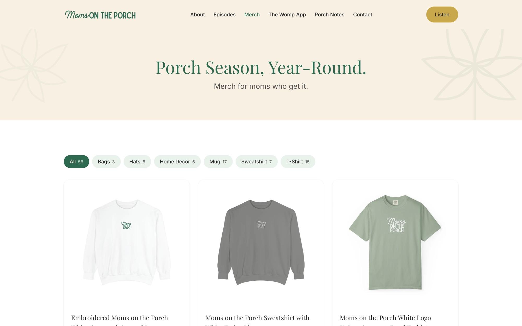 The Moms on the Porch merch page: the heading Porch Season, Year-Round, category filters for bags, hats, home decor, mugs, sweatshirts and t-shirts, and product cards.