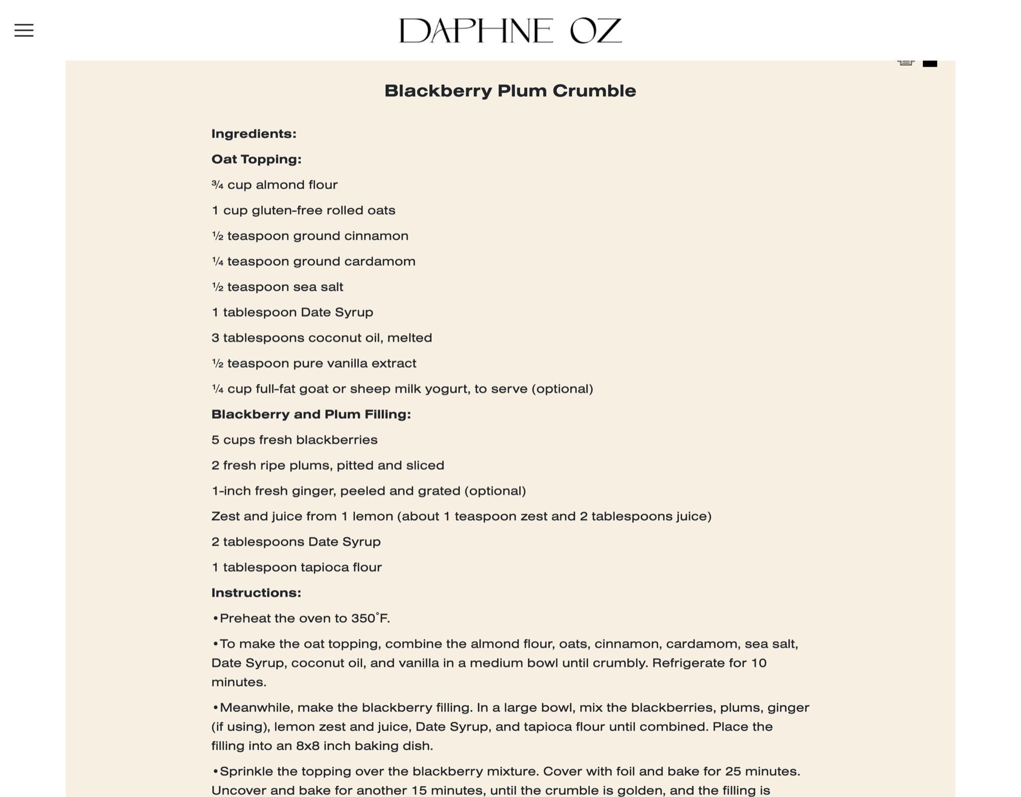 The recipe card for Blackberry Plum Crumble on a cream background, with ingredients grouped under Oat Topping and Blackberry and Plum Filling, followed by the instructions.