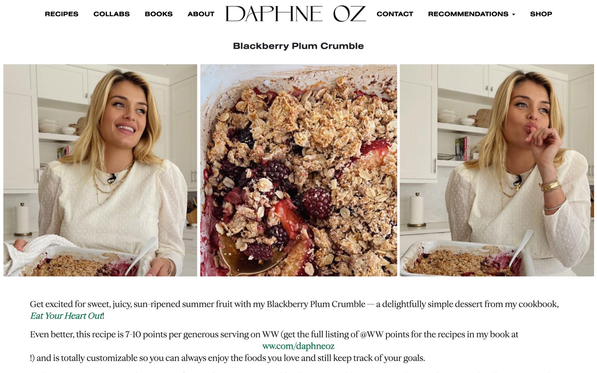 A daphneoz.com recipe page with the Daphne Oz wordmark, the recipe title, and three photos of Daphne with a blackberry plum crumble.