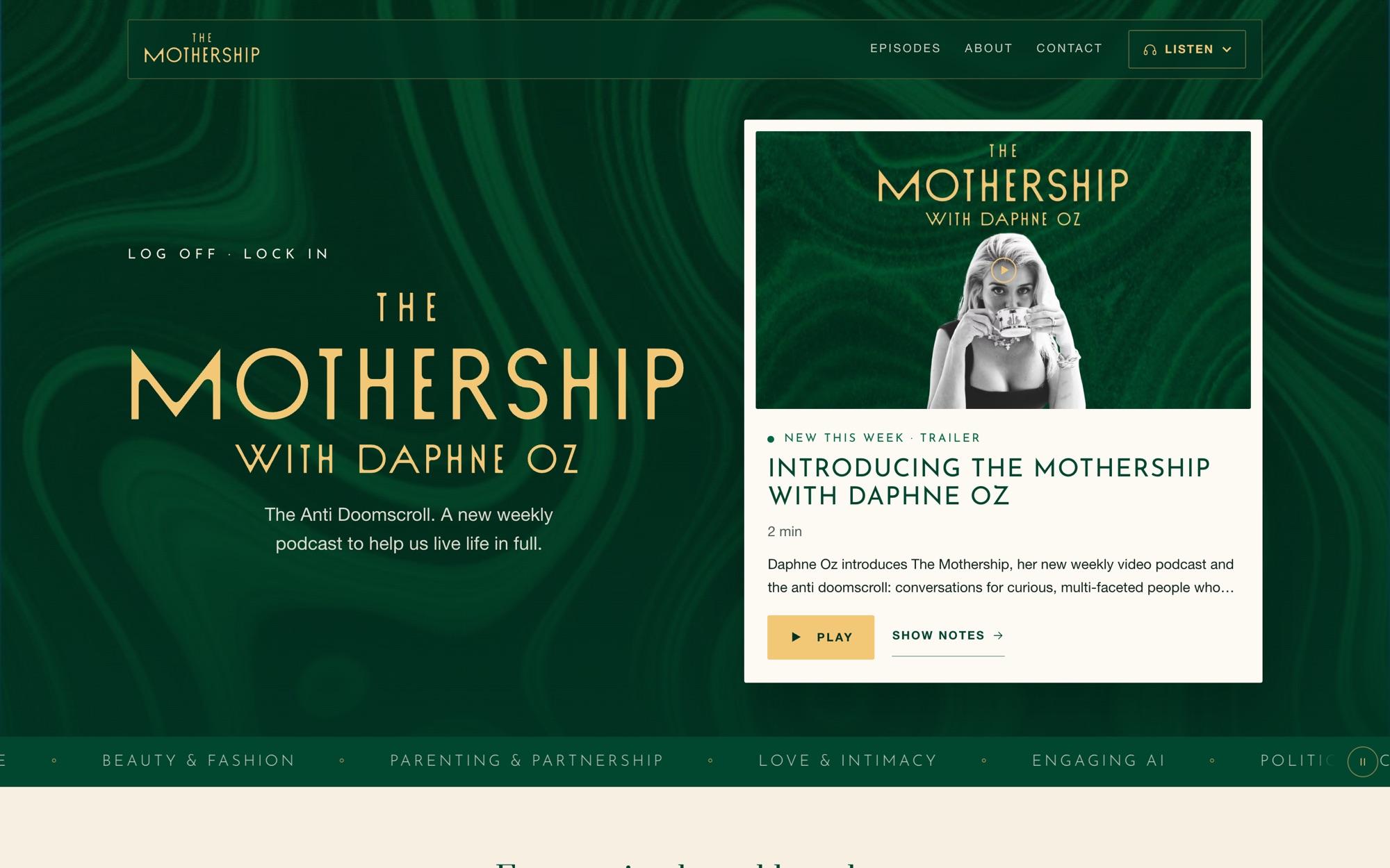 The Mothership home page on desktop, with the gold wordmark and the newest episode card.