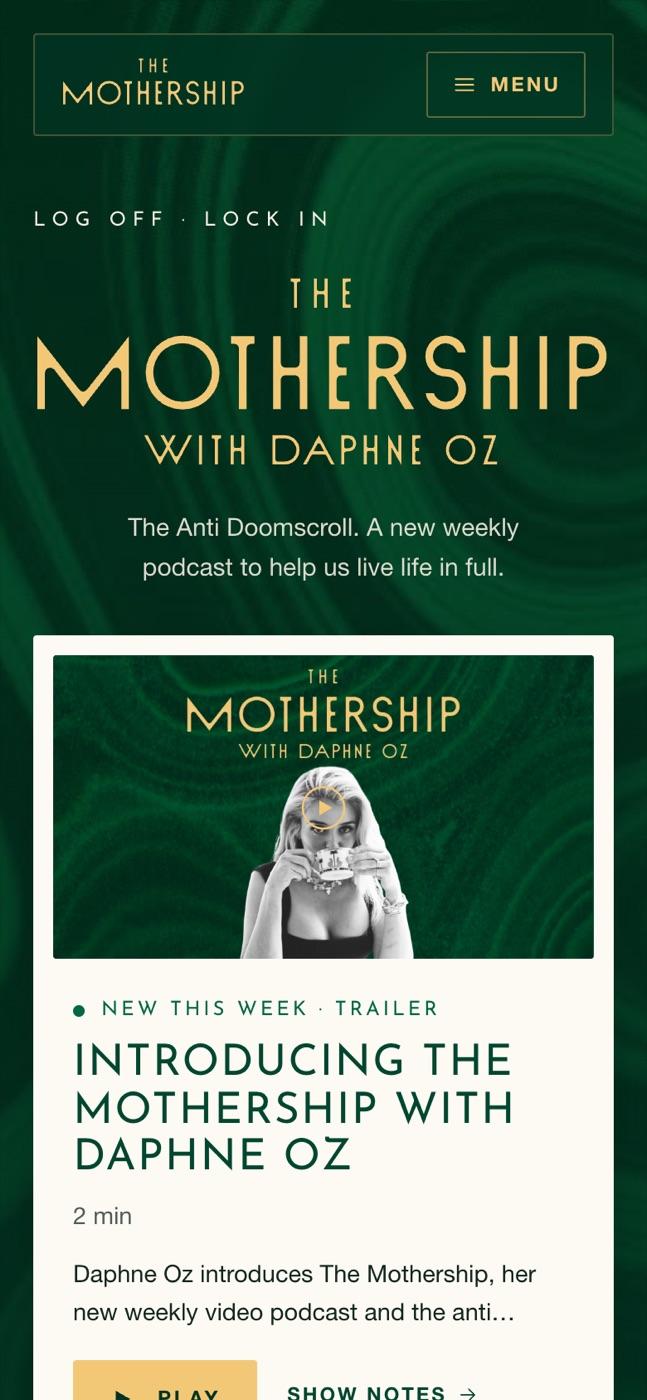 The Mothership home page on a phone, with the wordmark, a Menu button and the newest episode card.